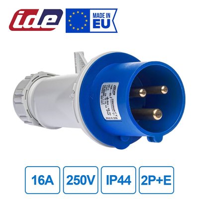 Вилка кабельная 16A 250В 2P+E IP44 IDE Синий (2101) 02101 фото