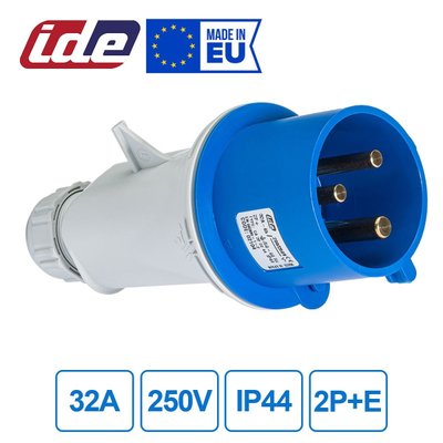 Вилка кабельная 32A 250В 2P+E IP44 IDE Синий (2104) 02104 фото